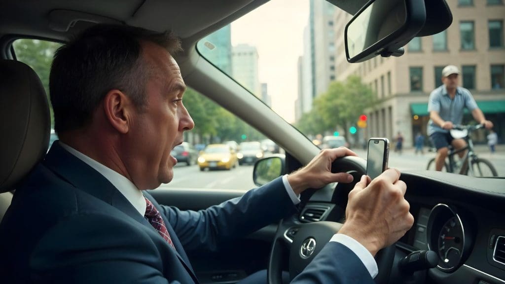 Man Looking At A Smartphone While Driving In A Busy City