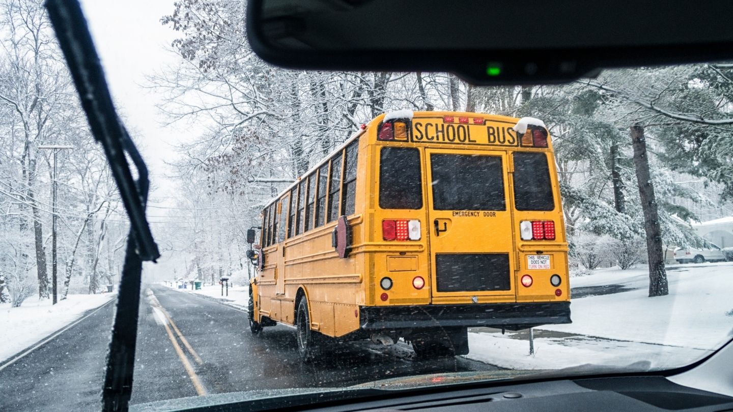 Snowy Road With School Bus In View
